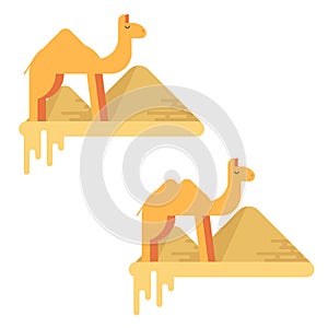 A set of two camels on the background of pyramids of giza.