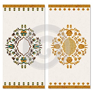 Set with two cards with floral gold arabesque ornament. design for print, covers, invitations