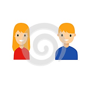 Set of two characters boy girl of school age teenagers with red hair smiling expressions on face. Vector in cartoon style