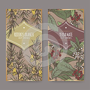 Set of two color labels with Rooibos aka Aspalathus linearis and Yerba mate aka Ilex paraguariensis branches. photo