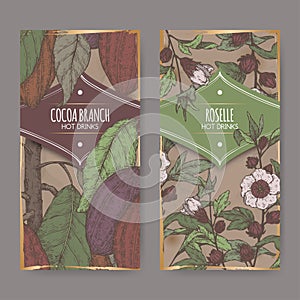 Set of two color labels with Roselle aka Hibiscus sabdariffa and Cocoa tree aka Theobroma cacao branch sketch.