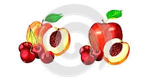 Set with two compositions of garden fruits and berries.Watercolor illustration on white background.Organic and healthy food