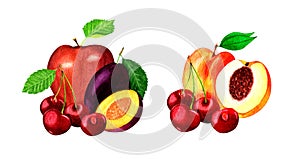 Set with two compositions of garden fruits and berries.Watercolor illustration on white background.Organic and healthy food