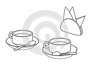 Set of two cups on saucers with teaspoons and a napkin holder with paper napkins. Linear illustration