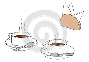 Set of two cups on saucers with teaspoons and a napkin holder with paper napkins. Linear illustration