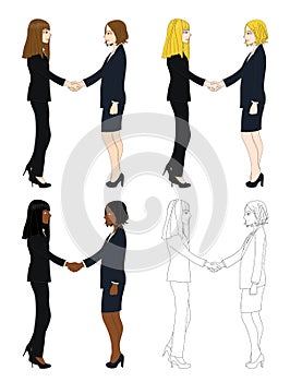 Set Two Cute Business Women Handshake. Full Body Vector Illustration