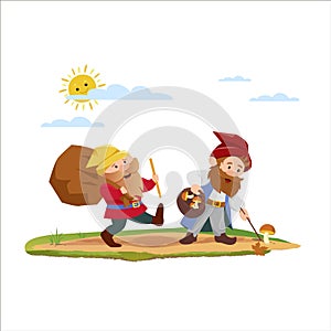 A set of two cute fairy dwarfs. Cartoon funny dwarf or dwarf fairy tale character with a bag and a stick in various