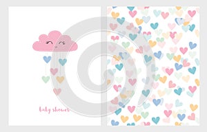 Set of Two Cute Vector Illustrations. Pink Smiling Cloud with Dropping Hearts. Pink Baby Shower Text.