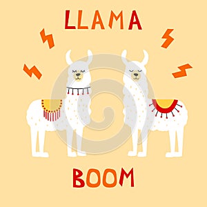 Set of two decorated lamas in poncho.  Cute cartoon art. Standing animal