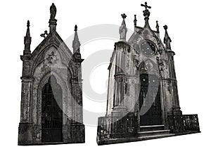 Set of two different facades of old crypts. Isolated on white background. photo