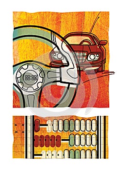 Set of two digital  illustration. A car and a close-up of a steering wheel. Fragment of arithmetic accounts, on the background of