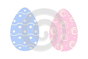 Set of two Easter eggs in trendy pink and blue with abstract pattern of wavy lines, dots and roses