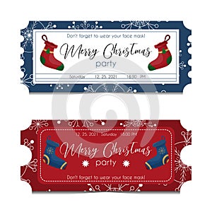 Set of two elegant Christmas party invitation cards. Tickets with snowflake patterns, date, time and face mask reminder. Isolated