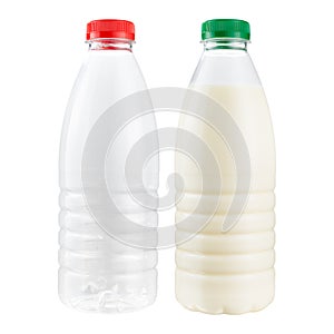 Set of two empty plastic bottles and full plastic bottle of milk or milk products isolated on white background Clipping