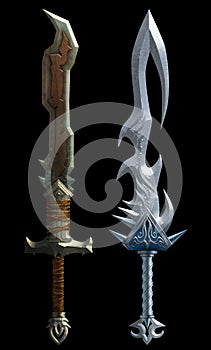 Set of two fantasy swords isolated on black background