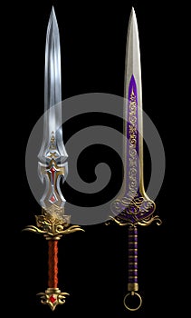 Set of two fantasy swords isolated on black background