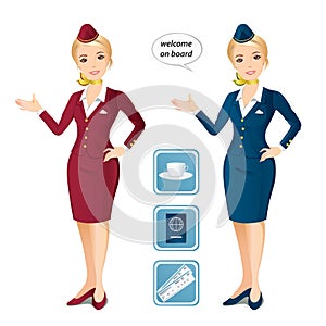 Set of two flight attendants and the icons