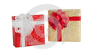 Set two gift box red gold shiny paper wrap ribbon bow isolated