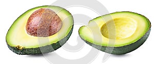 Set of two halves of avocado on white background