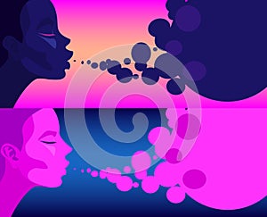 Set of two illustrations girl blow bubbles