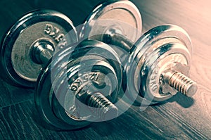 Set of two iron weights on the gym floor