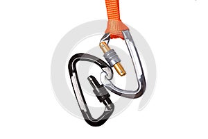 Set of two isolated carabiners interconnected at hook level photo