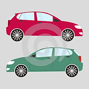 Set of two isolated cars in flat style. Red and green car