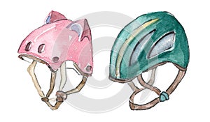 A set of two items: a blue helmet for an adult and a pink helmet for a child. Family bike ride.