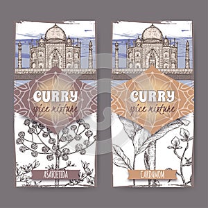 Set of two labels with asafoetida, cardamom and Taj Mahal elephant hand drawn color sketch.