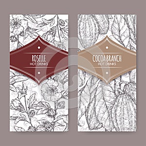 Set of two labels with Roselle aka Hibiscus sabdariffa and Cocoa tree