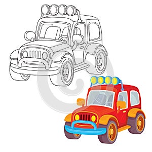 Set of two large cars one in red another in black outline, isolated object on a white background,