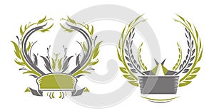 Set of two laurel wreaths and ribbons. Olive green and grey color.