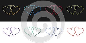 Set Two Linked Hearts icon isolated on black and white background. Heart two love. Romantic symbol linked, join, passion