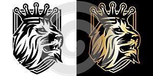 Set of two Lion head with crown. Vector illustration. Template for design