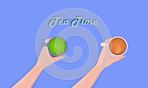 Set of two options logo woman`s hands holding a cup of green tea with leaves, tea with slice of lemo