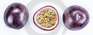 Set of two passion fruits and its cross section with pulpy juice filled with seeds. White background