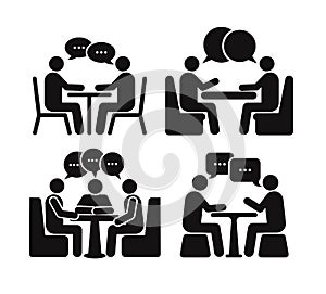 Set of two people at the table icon. Flat design. Vector illustration. Isolated on white background