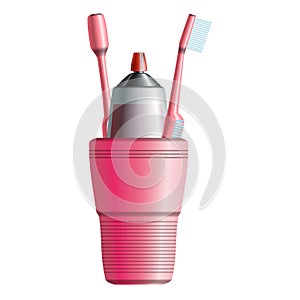 Set of two pink toothbrushes, toothpaste and cup