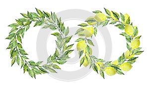 Set of two plant wreaths. Round foliage frame and round foliage with lemons frame. For photo, invitation, postcard, logo