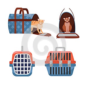 Set of two positions manual plastic carrying transporter and fabric bag for cats on white background. Cat carrier front view, side