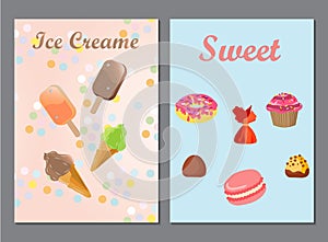 A set of two posters, leaflets with inscriptions - ice cream and sweets, on beautiful backgrounds, ice cream-waffle cone,