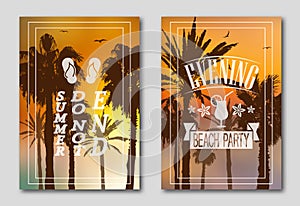 Set of two posters, silhouettes of palm trees against the sky. Logo made of beach slippers, birds