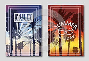 Set of two posters, silhouettes of palm trees against the sky. Logo, morning, party. Sunglasses, sunset..