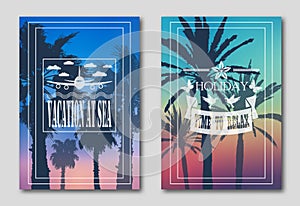 Set of two posters, silhouettes of palm trees against the sky. Logo from the plane, clouds, butterflies