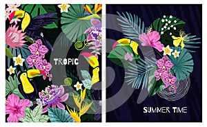 set of two posters with tropical leaves and toucan