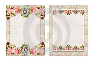 Set of two Printable vintage shabby chic style floral rose stationary on wood background