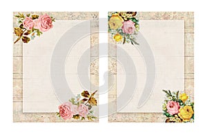 Set of two Printable vintage shabby chic style floral rose stationary on wood background