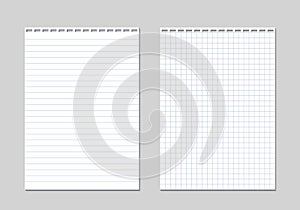 Set of two realistic vector illustration of blank sheets of square and lined paper from a block isolated on a gray background