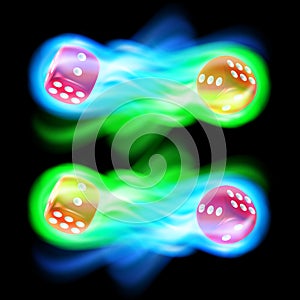 Set of two red dices in blue and green fire.