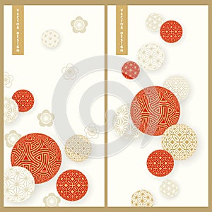 Set with two red and white cards with traditional ornamented temari balls. design for products, print, business, cards